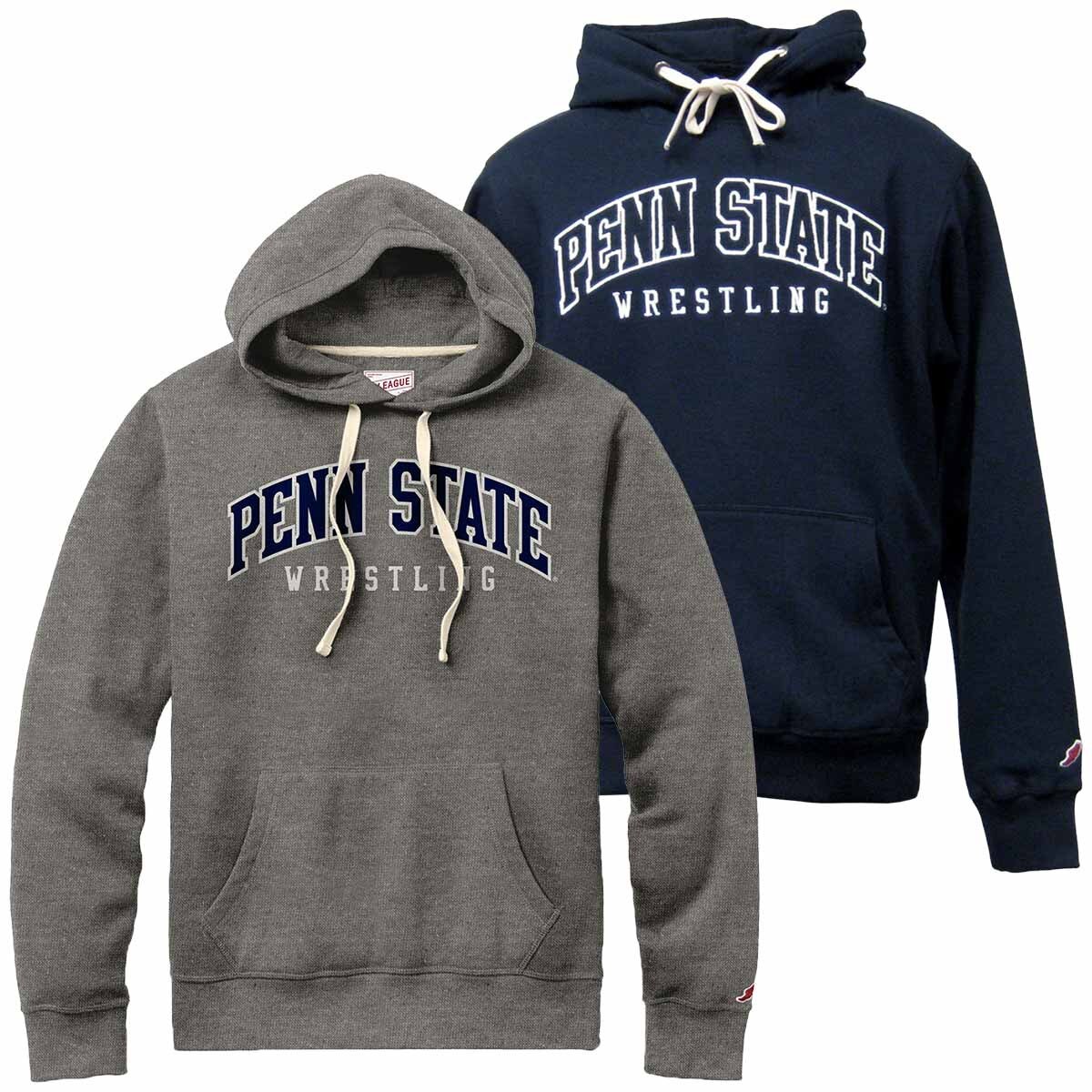 gray and navy hooded sweatshirts with sewn Penn State Wrestling